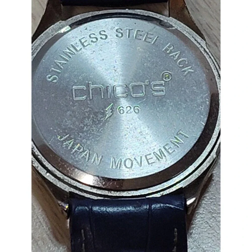Chico's Womens Watch 39mm Silver Tone Navy Blue Leather  Band New Battery 2/2026